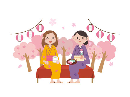 Spring Hanami Women Kimonoのイラスト素材