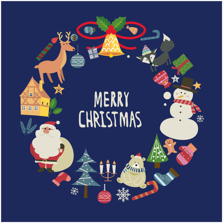 Set of Christmas elements. Santa Claus, reindeer, snowman, gingerbread house, tree, snowflakes, garland. Vector illustrationのイラスト素材