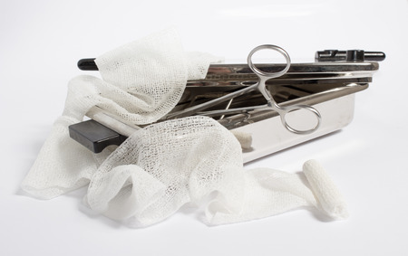 medical sterilizer and tools on the white background closeupの写真素材