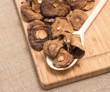 Dried mushrooms on canvas close upの写真素材