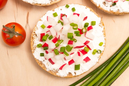 Vegetarian meal with crispy buns, cottage cheese and vegetablesの写真素材