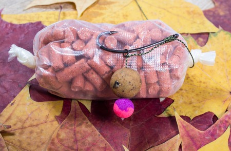 Carp Hook Boilies on a leaf background