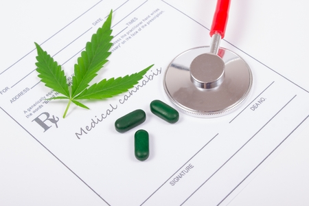 Medical marijuana prescription with stethoscope . CloseUp.の写真素材