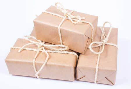 Close up of the rustic parcels gift box with craft paper.の写真素材