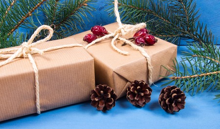 Rustic gifts for christmas with kraft paper.
