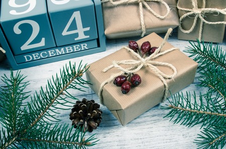 Rustic gifts for christmas with kraft paper.の写真素材