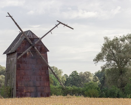 Kawnice, Poland. View of the old ruined windmill on the field.の写真素材