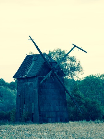 Kawnice, Poland. View of the old ruined windmill on the field.の写真素材