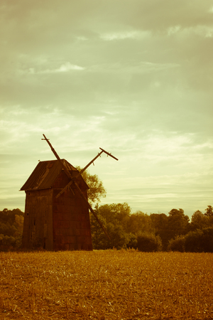 Kawnice, Poland. View of the old ruined windmill on the field.の写真素材