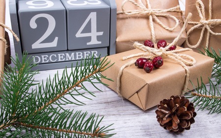 Rustic gifts for christmas with kraft paper.の写真素材