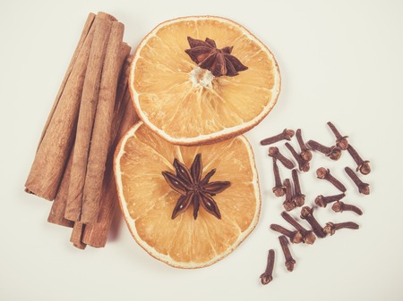Winter warming spices - cinnamon, star anise, cloves.の写真素材