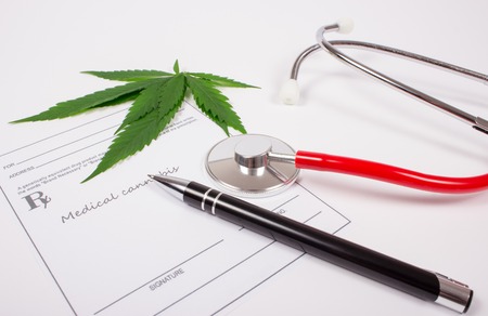 Medical marijuana prescription with stethoscope . CloseUp.の写真素材