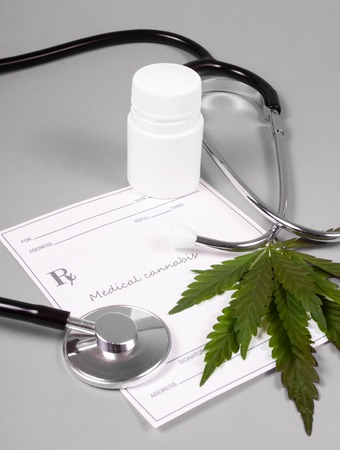 Medical marijuana prescription with stethoscope . CloseUp.の写真素材