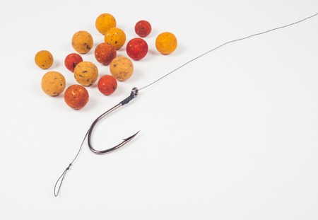 Close Up of Carp Hook Boilies isolated on white background .の写真素材