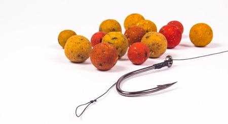 Close Up of Carp Hook Boilies isolated on white background .の写真素材