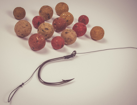 Close Up of Carp Hook Boilies isolated on white background .の写真素材