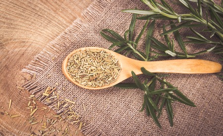 Bunch of green scented rosemary on rustic background.の写真素材