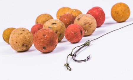 Close Up of Carp Hook Boilies isolated on white background .の写真素材