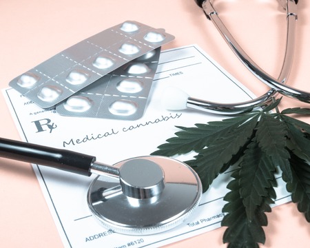 Medical marijuana prescription with stethoscope . CloseUp.の写真素材
