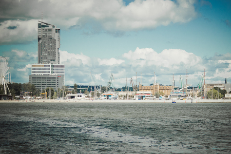 Gdynia, Poland - August 13, 2017: Panoramic view of the harbor at Baltic Sea in Gdynia.