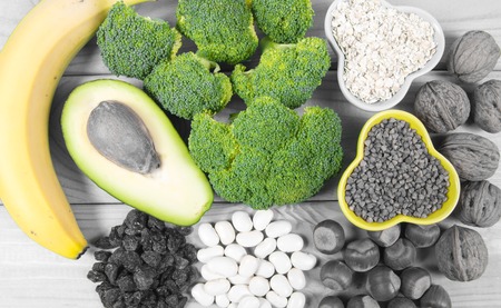 Ingredients or products containing vitamin B6 and dietary fiber, natural sources of minerals, healthy lifestyle and nutrition.の写真素材