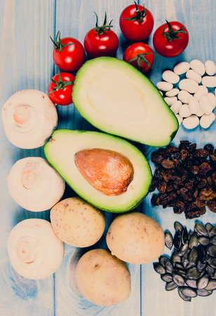 Ingredients or products containing potassium (K), natural sources of minerals, healthy lifestyle and nutrition.の写真素材