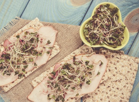 Healthy sandwiches with ham and broccoli sprouts on crisp bread. Healthy eating concept. Diet.の写真素材
