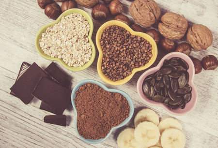 Healthy food nutrition dieting concept. Assortment of high magnesium sources.の写真素材