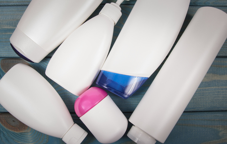 Plastic packaging from cosmetics. The concept of recycling and segregation of plastic waste.の写真素材