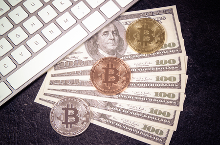 Bitcoin coin - symbol of crypto currency. Concept of electronic virtual money for web banking and international network payment.の写真素材