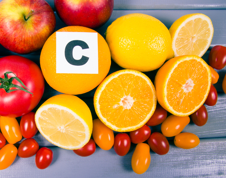 Fruit and vegetables containing vitamin c. The concept of healthy eating.の写真素材