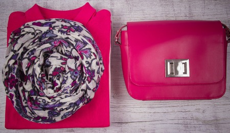 Pink color female clothes on light background. Fashion women's accessories and wear.の写真素材