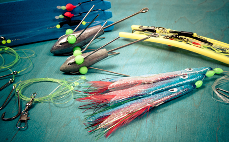 Surfcasting - a method of sea fishing. Fishing accessories used for sea fishing.の写真素材