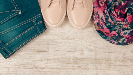 Female clothes on light background. Fashion women's accessories and wear. The concept of great shopping.の写真素材