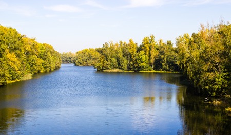 Summer landscape - a flowing river among green trees.の写真素材