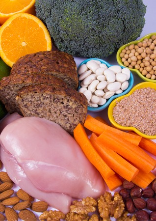 Nutritious ingredients and products containing vitamin B3 (PP, niacin) and other natural minerals, concept of healthy lifestyle and nutrition. Isolated on white.の写真素材