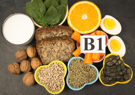 Ingredients containing vitamins B1 (thiamine). Ingredients of a healthy and balanced diet.の写真素材