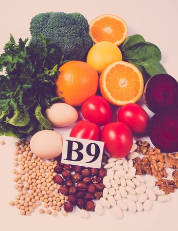 Nutritious products containing vitamin B9 (acidum folicum) and dietary fiber, natural sources of minerals, healthy nutrition concept.の写真素材
