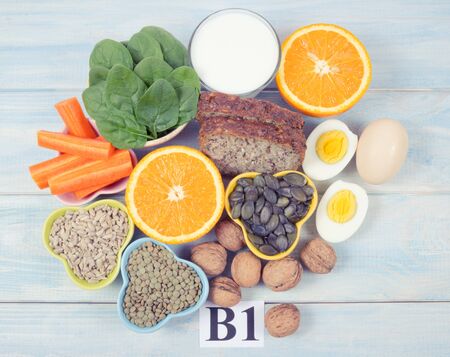 Ingredients containing vitamins B1 (thiamine). Ingredients of a healthy and balanced diet.の写真素材