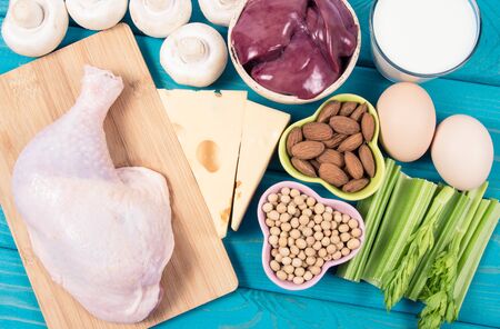Food ingredients containing a large amount of vitamin B2 (riboflavinum). The concept of healthy eating. Balanced diet.の写真素材
