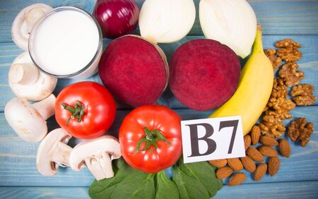 Nutritious products containing vitamin B7 (biotin) and dietary fiber, natural sources of minerals, healthy nutrition concept.の写真素材