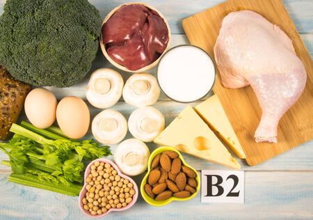 Food ingredients containing a large amount of vitamin B2 (riboflavinum). The concept of healthy eating. Balanced diet.の写真素材