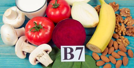 Nutritious products containing vitamin B7 (biotin) and dietary fiber, natural sources of minerals, healthy nutrition concept.の写真素材