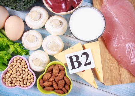 Food ingredients containing a large amount of vitamin B2 (riboflavinum). The concept of healthy eating. Balanced diet.の写真素材