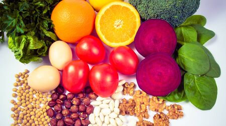 Nutritious products containing vitamin B9 (acidum folicum) and dietary fiber, natural sources of minerals, healthy nutrition concept.の写真素材
