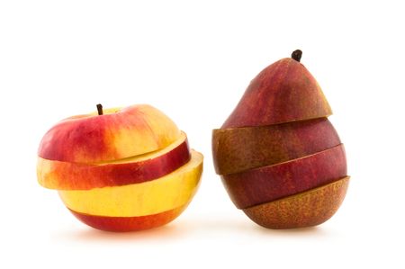 apple and pear cut on white backgroundの写真素材
