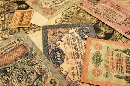Old russian money banknotes close-up, backgroundの写真素材