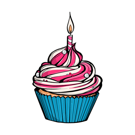 Pink birthday cupcake with burning candle, vectorのイラスト素材