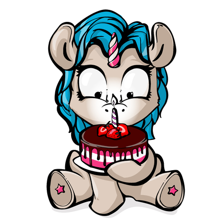 Little unicorn celebrates birthday with a delicious cake, vectorのイラスト素材