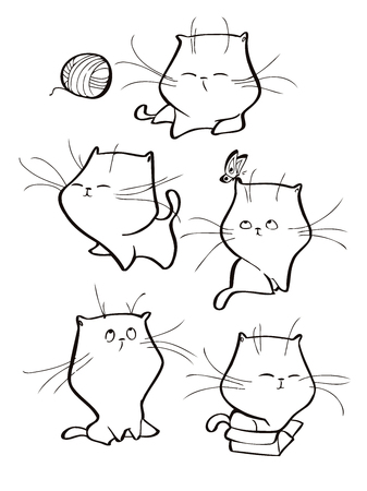 Vector set of cute tabby cat characters in different action poses isolated on white background.のイラスト素材